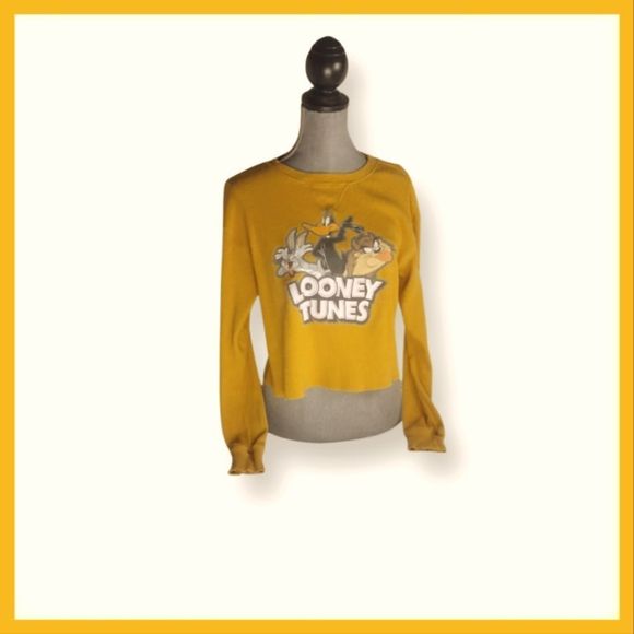 Looney Tunes Mustard Waffle Crop Top Shirt Size Large Like New Bugs Bunny Daffy, - Picture 1 of 5